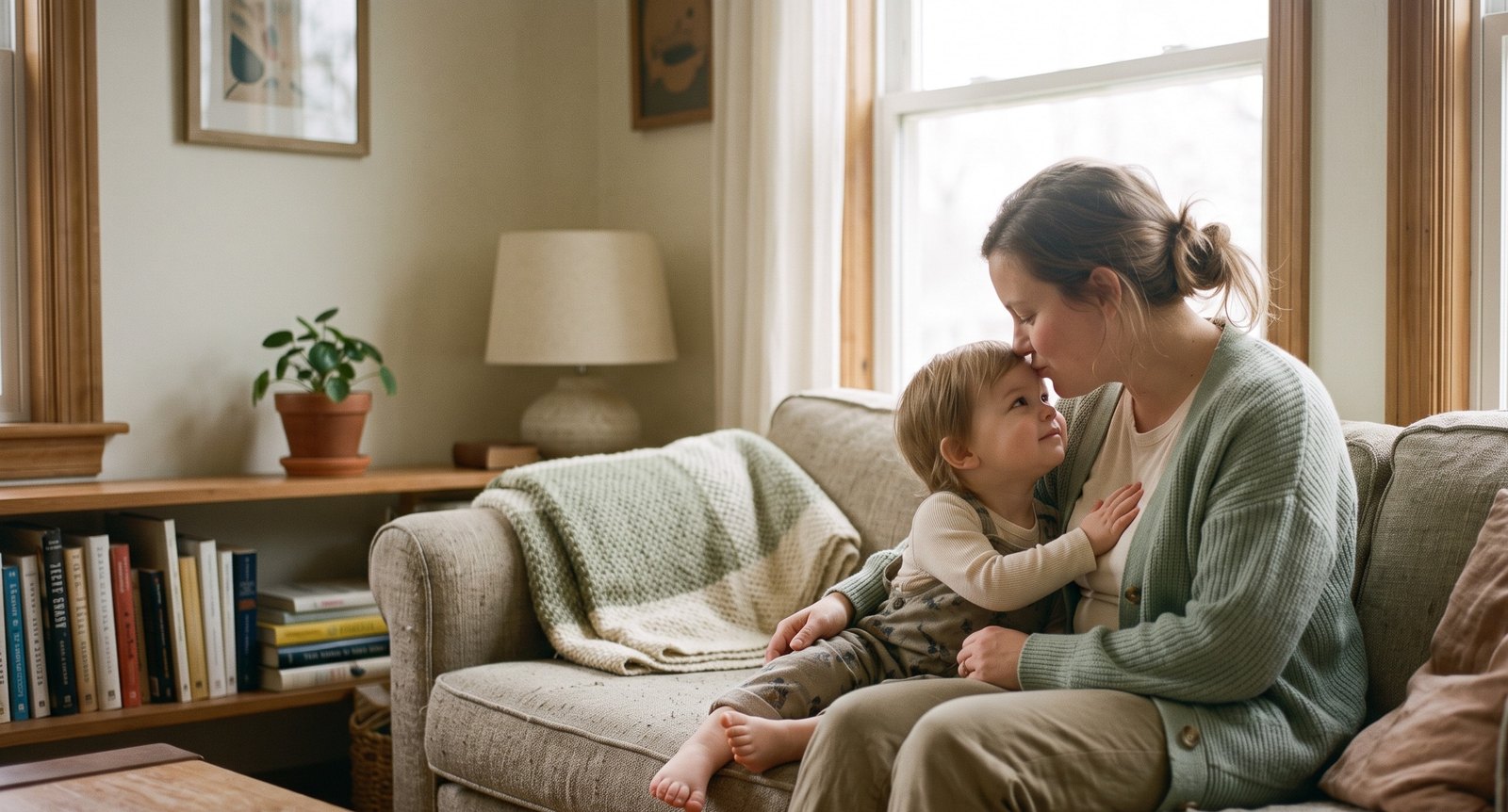 A mother resting her forehead against her small child on the sofa, a quiet everyday moment at home