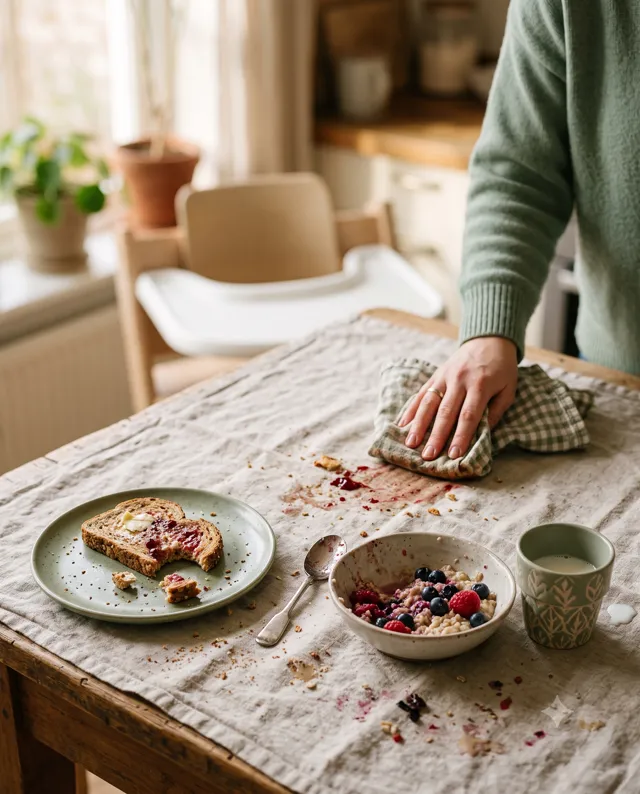 Morning sunlight falling across a family breakfast table