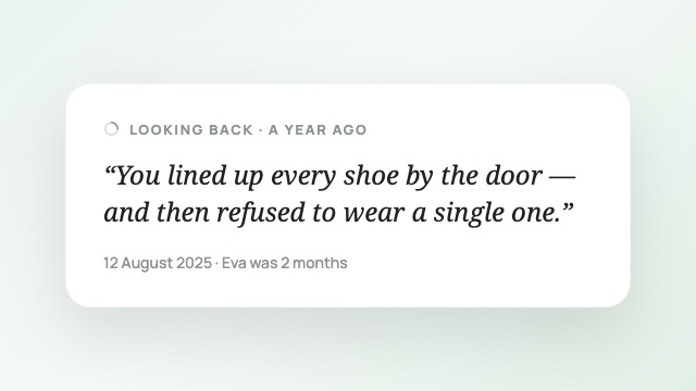 A memory from a year ago resurfacing in the app: 'You lined up every shoe by the door — and then refused to wear a single one.'