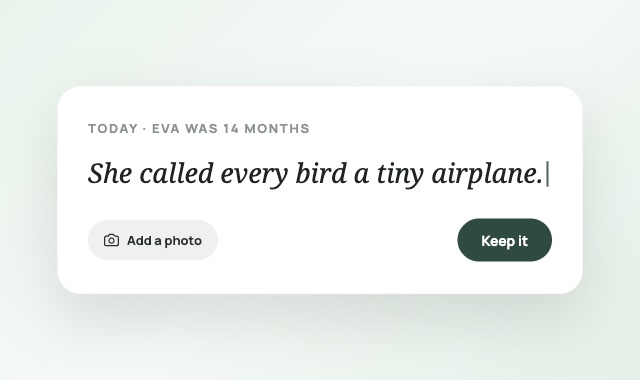 Writing one line in the One Little Line app: 'She called every bird a tiny airplane', with the child's age shown above