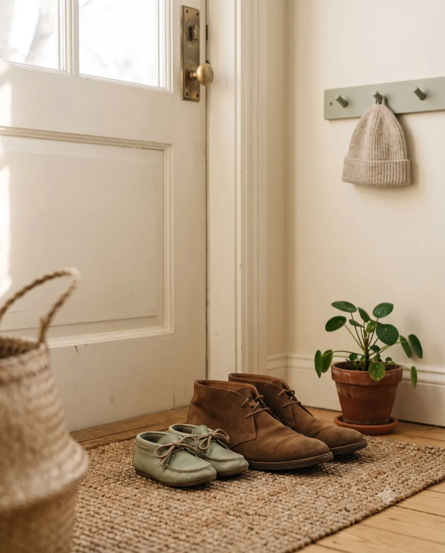 Tiny shoes beside a blanket