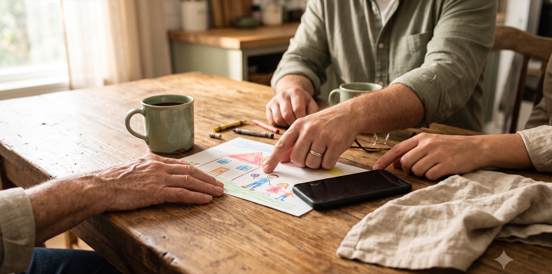 A parent and grandparent looking at a child's drawing together